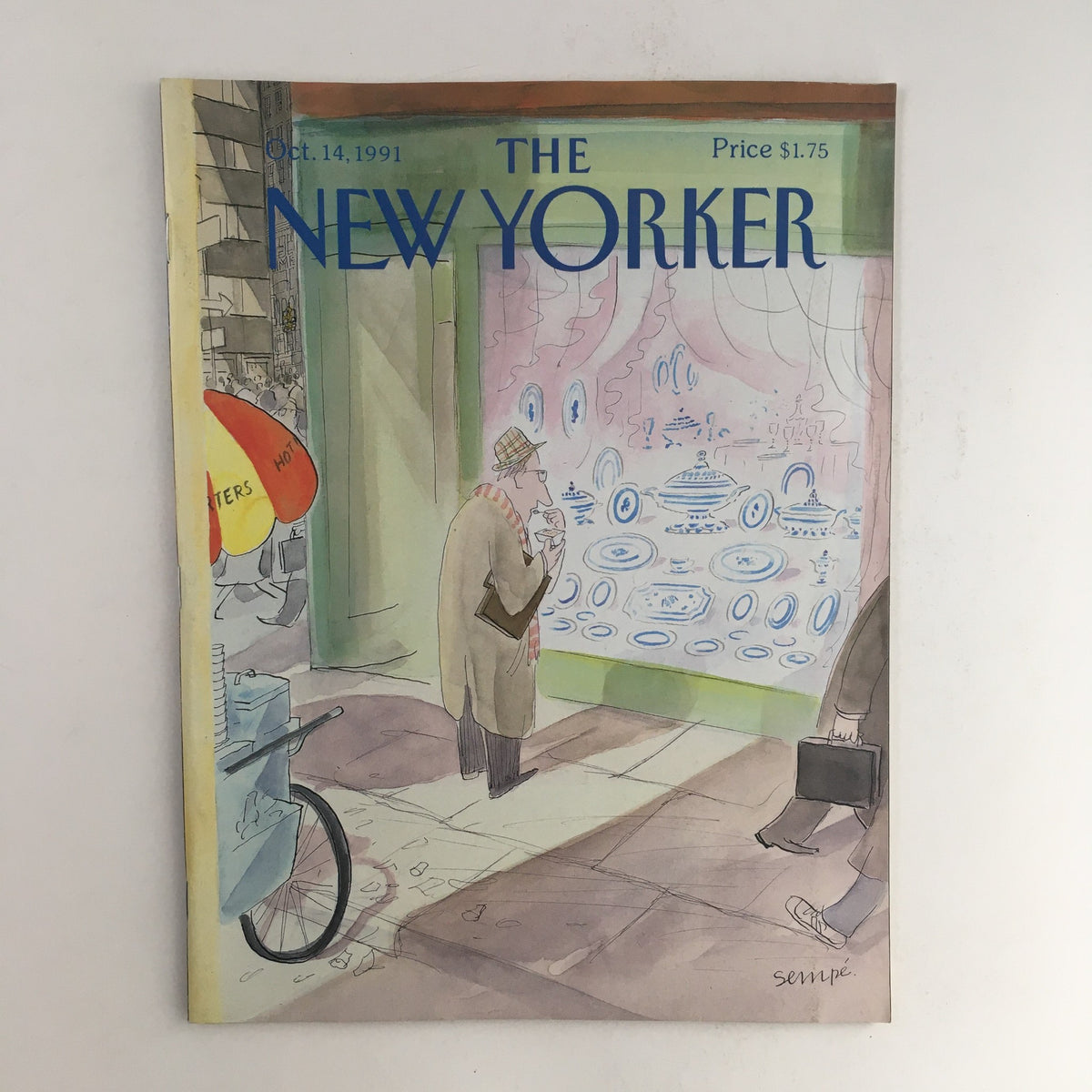 The New Yorker October 14 1991 Full Magazine featuring a theme cover illustration by Jean-Jacques Sempé, depicting a man observing a window display on a city street.