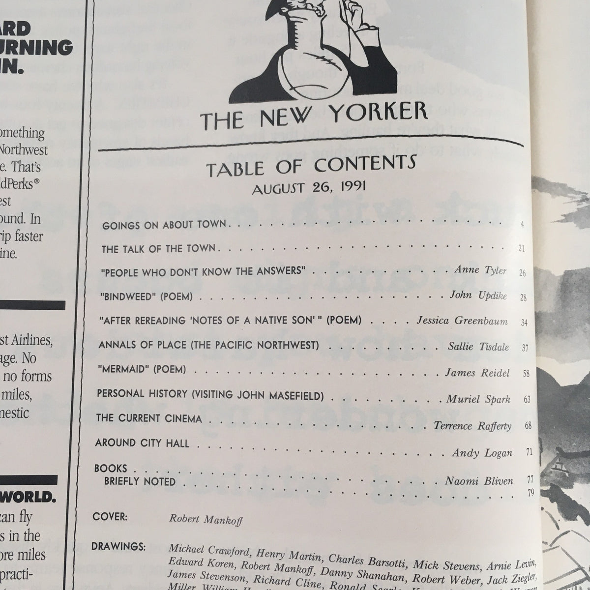 The New Yorker August 26 1991 Full Magazine Table of Contents, featuring a list of articles and illustrations by Robert Mankoff.