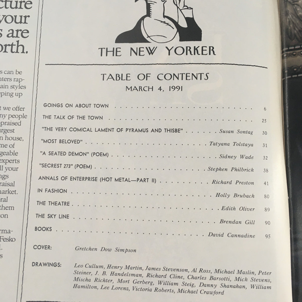 Table of contents page from The New Yorker magazine dated March 4, 1991 featuring contributions and articles by various authors alongside the cover by Gretchen Dow Simpson.