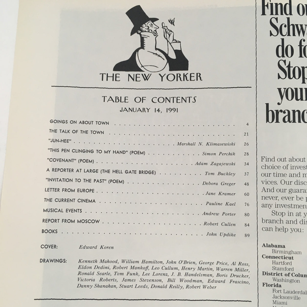 Contents page of The New Yorker January 14 1991, highlighting the table of contents with titles and contributors, featuring artwork by Edward Koren.