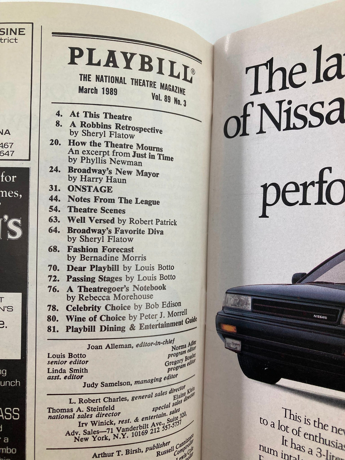 1989 Playbill Broadway Theatre featuring articles and listings related to live performances, March 1989 issue, in very good condition.