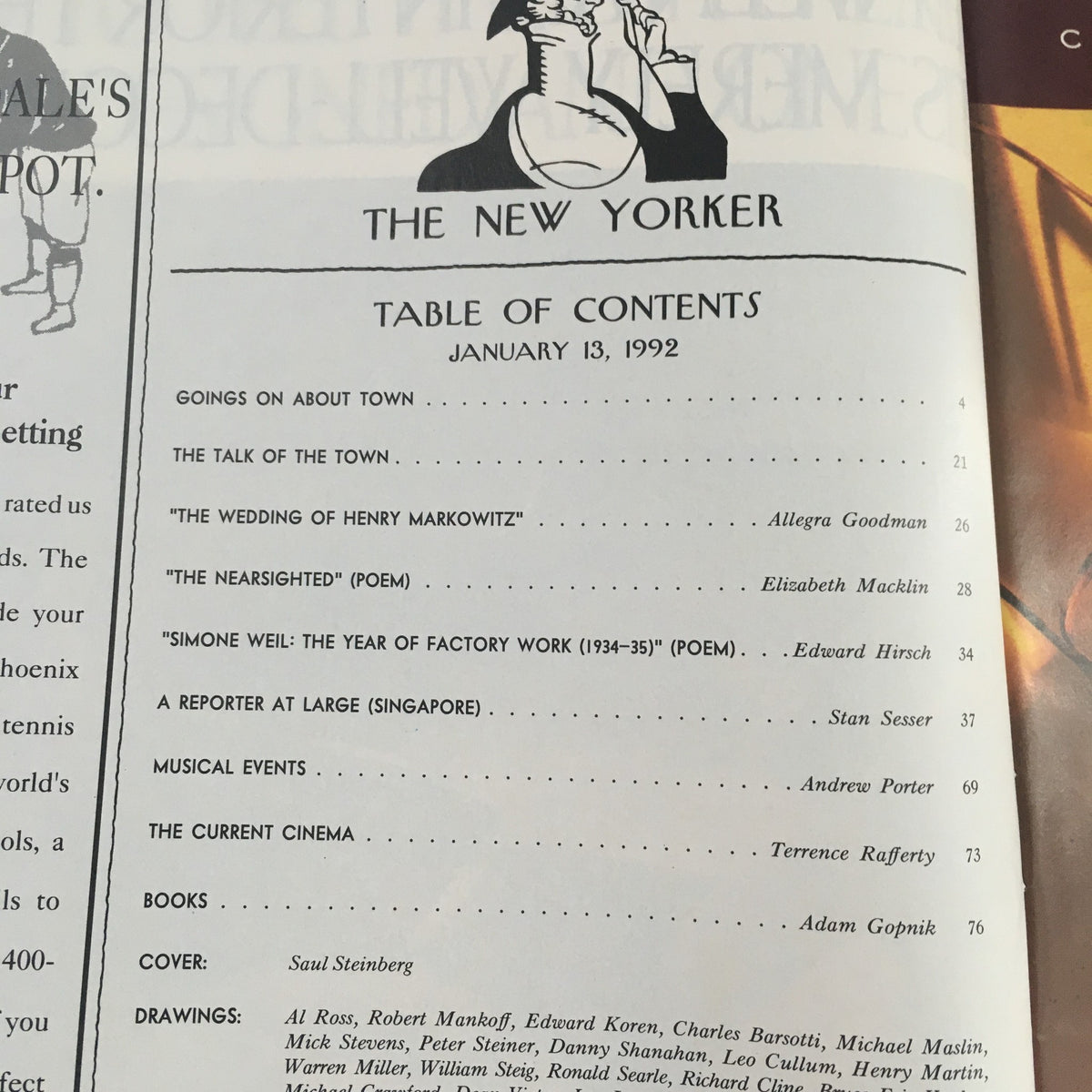 Table of Contents from The New Yorker January 13 1992, listing articles including 'The Wedding of Henry Markowitz' and other features, with a classic logo and layout.