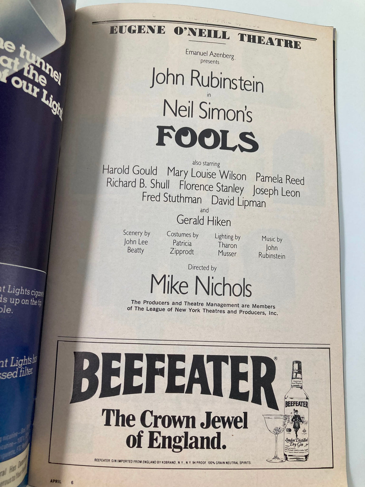 Another interior page of the 1981 Playbill for 'Fools' at Eugene O'Neill Theatre, featuring credits, production team, and promotional content.