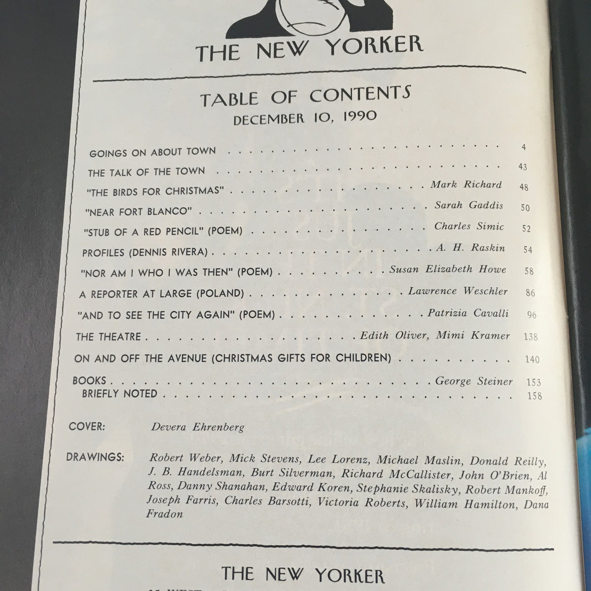 Table of Contents for The New Yorker December 10 1990, showcasing articles and poems, with cover art credited to Devera Ehrenberg.