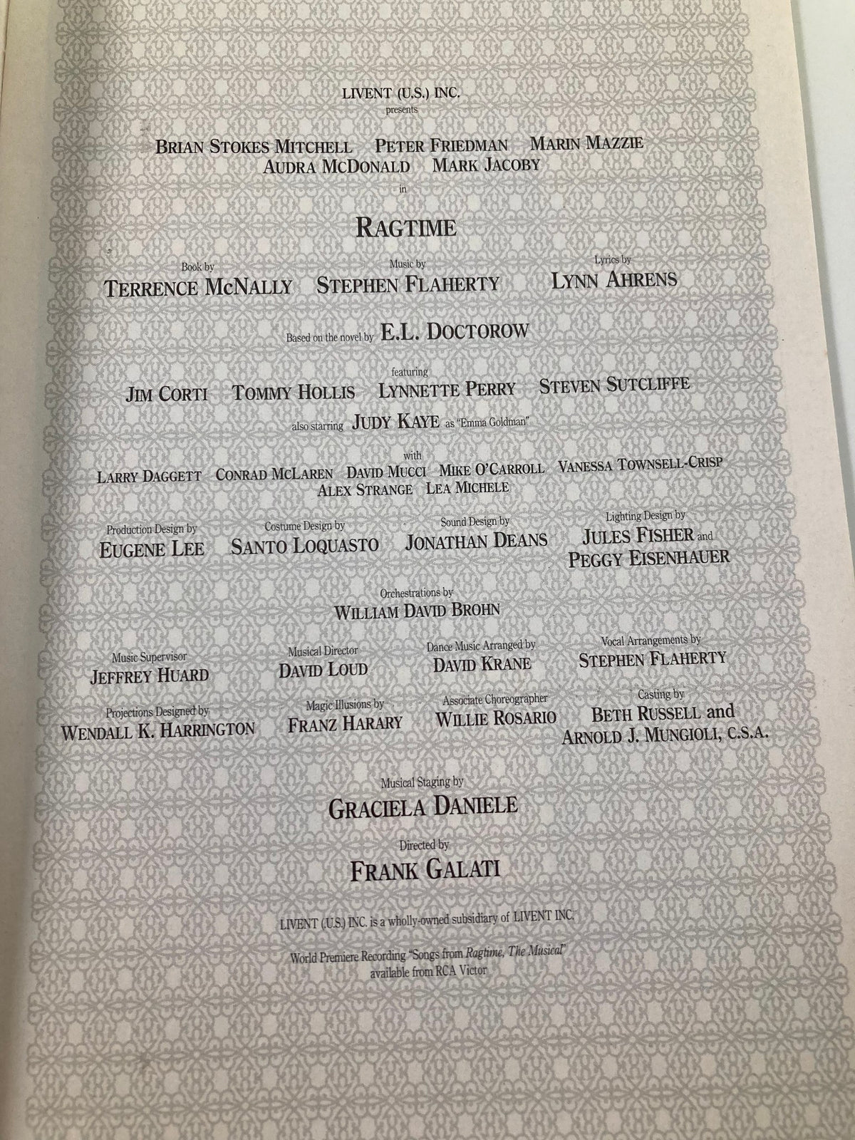 Detailed listing of cast and crew for the 1998 showbill of Ragtime at the Ford Center for the Performing Arts, featuring Peter Friedman.