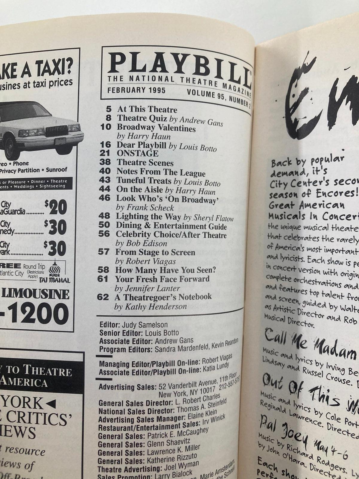 Inside page of the 1995 Playbill for Show Boat, showing articles and listings including the Playbill quiz and Broadway valentines.