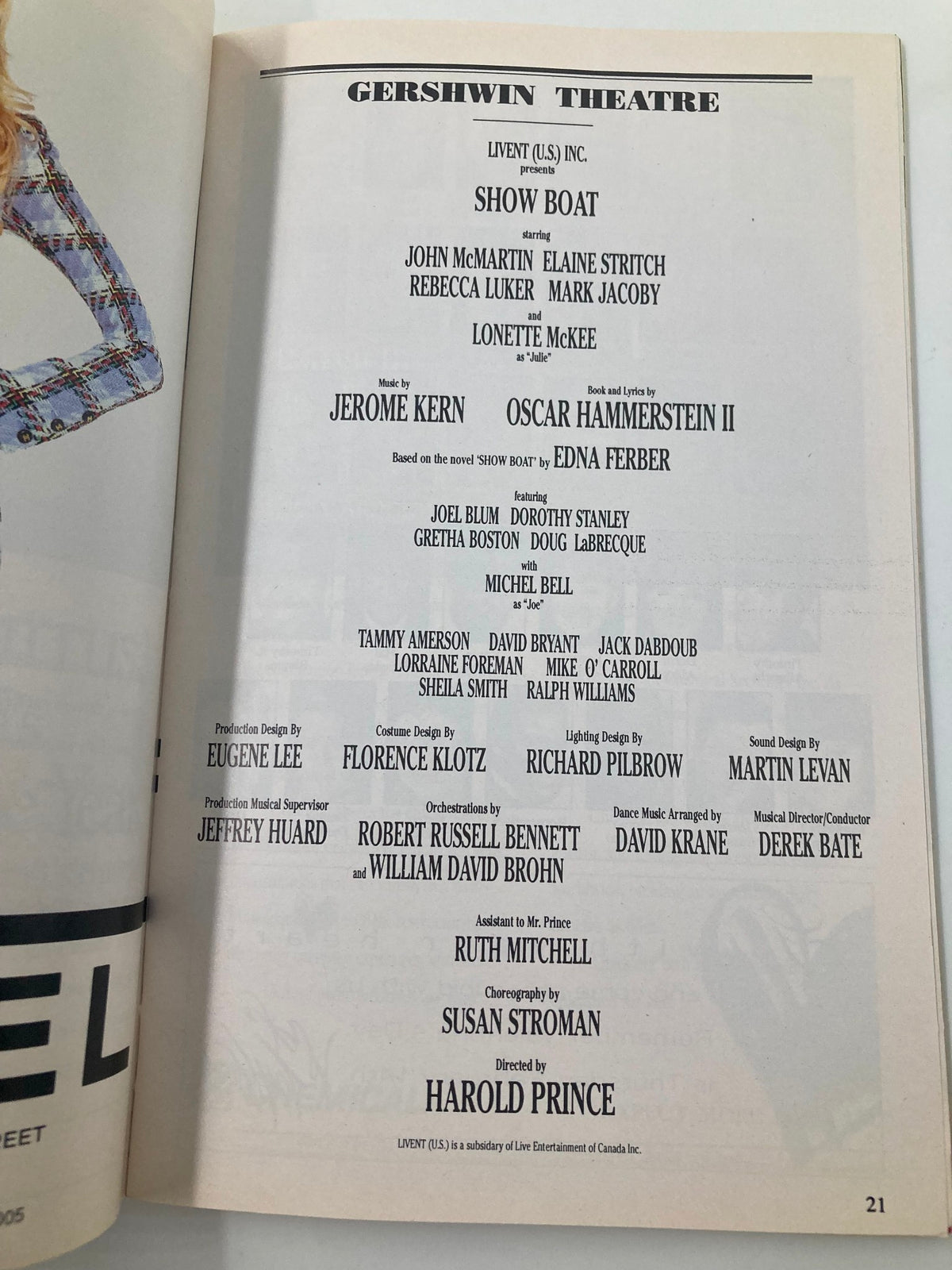 Credits page of the 1995 Playbill for Show Boat at the Gershwin Theatre, listing cast and crew members including John McMartin and Elaine Stritch.