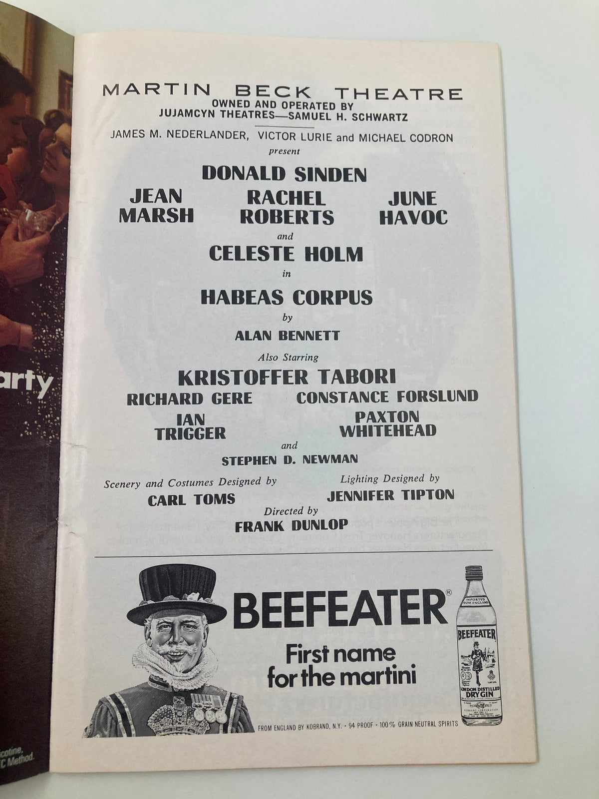 Back cover of the 1975 Playbill for Habeas Corpus featuring cast details including Celeste Holm and Jean Marsh at Martin Beck Theatre.