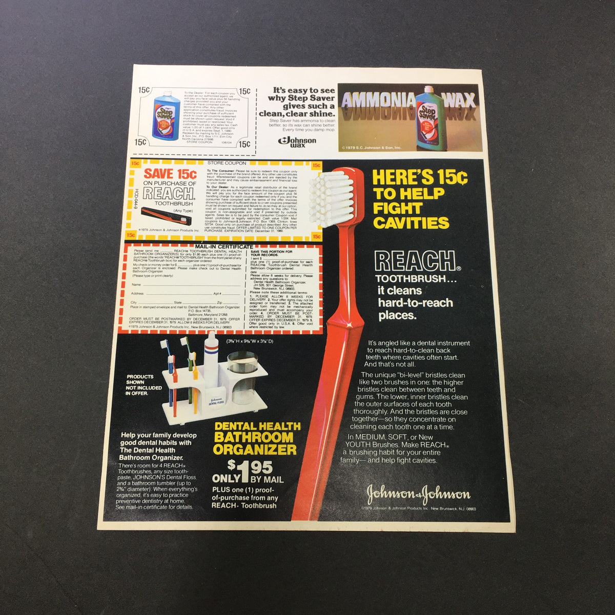Advertisement for Johnson & Johnson's Ammonia Wax product with a coupon saving offer, focused on dental health and featuring a toothbrush organizer.