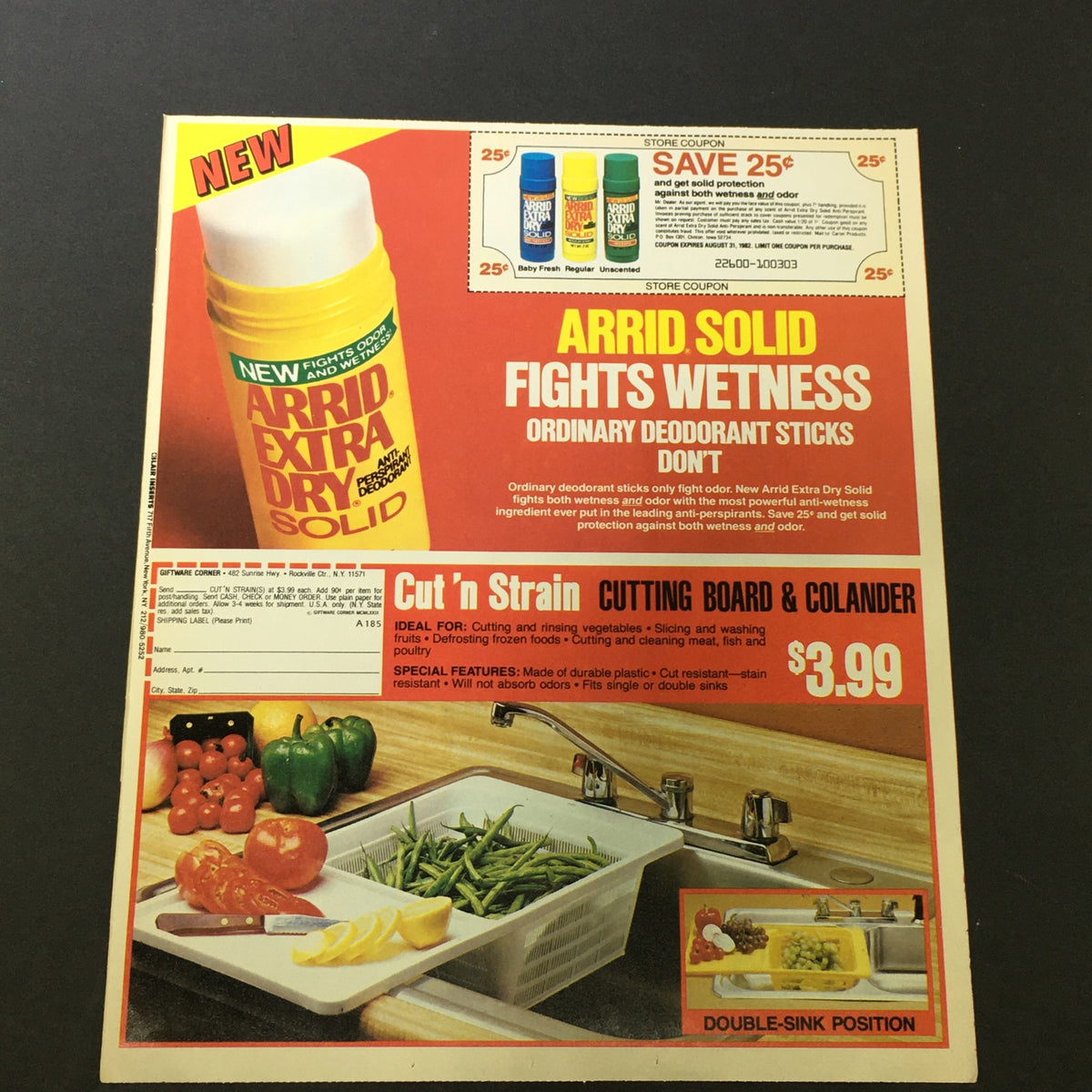 VTG Retro 1981 Arrid Solid Fights Wetness Deodorant Print Ad showcasing new deodorant packaging and a cutting board with vegetables, promoting a special discount offer.