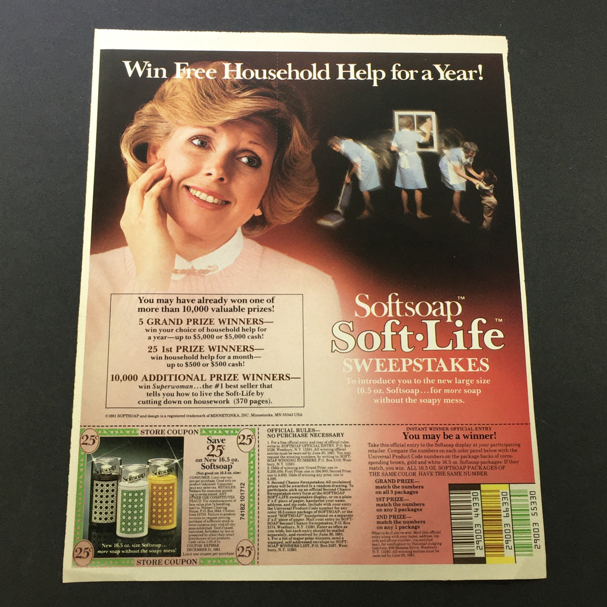 VTG Retro 1981 Softsoap Soft Life Sweepstakes No Soapy Mess Store Ad Coupon featuring a smiling woman announcing a chance to win free household help for a year with details of the sweepstakes and multiple prize options.
