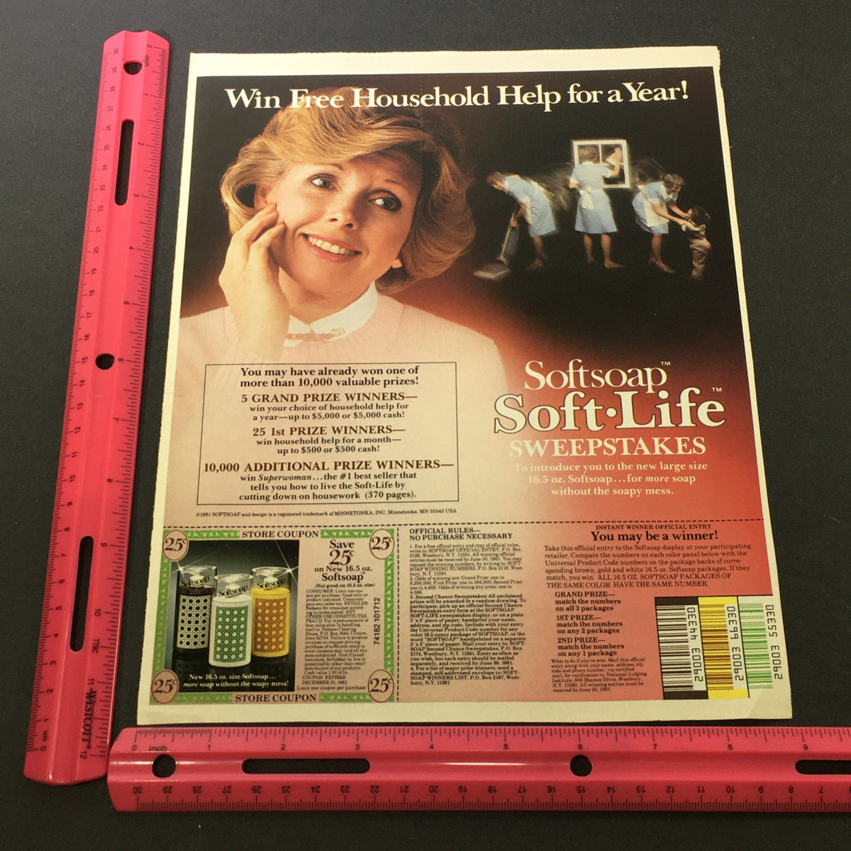 Full view of the 1981 Softsoap Soft Life Sweepstakes advertisement showing the grand prize winners and details of the sweepstakes, highlighting the VTG Retro design with the title 'VTG Retro 1981 Softsoap Soft Life Sweepstakes No Soapy Mess Store Ad Coupon'.