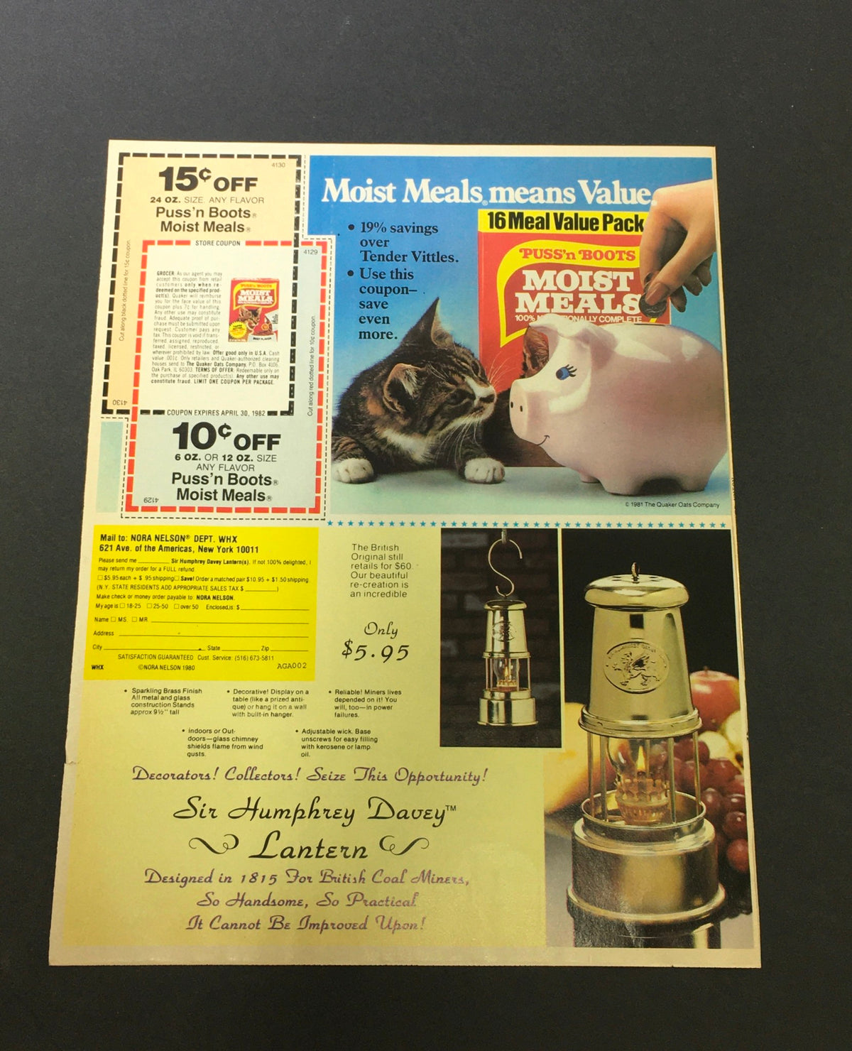 Advertisement for Puss'n Boots Moist Meals featuring a playful cat and a piggy bank, also offering discount coupons for meal packs.