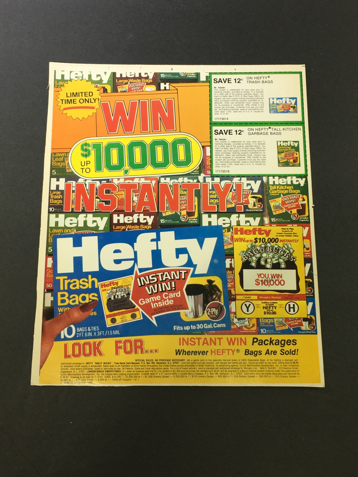 Vintage advertisement for VTG 1980 Hefty Kitchen Trash Bags and Ties featuring a promotion to win $10,000 instantly. The ad showcases bold colors, coupons, and images of Hefty trash bags, reflecting the 1980s marketing style and consumer culture.