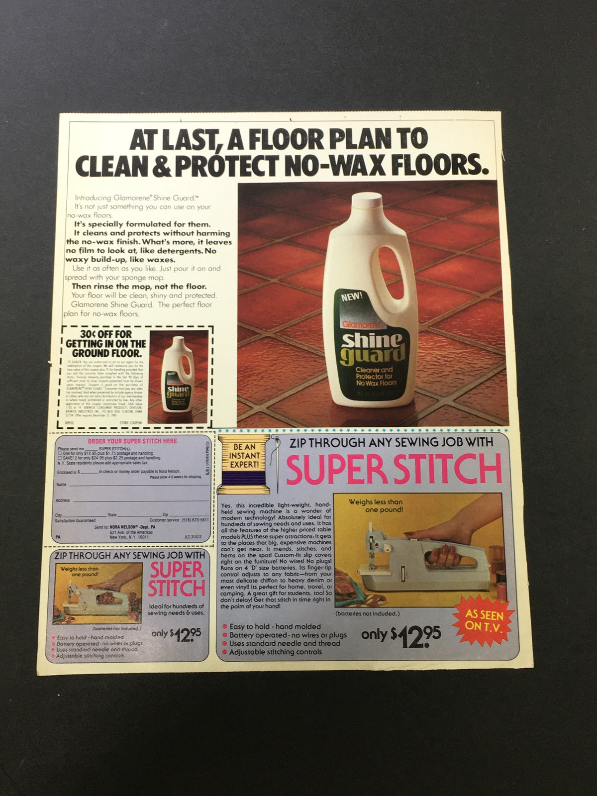 Vintage advertisement for Glamorene Shine Guard, a cleaner for no-wax floors, with a coupon for $0.30 off. The ad highlights its special formulation and ease of use. VTG 1980 Hefty Kitchen Trash Bags and Ties Win $10,000 Instantly Print Ad Coupon.