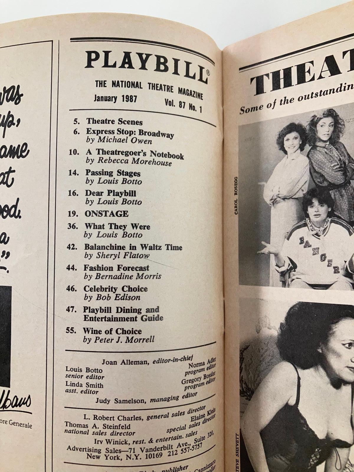 Interior page of the 1987 Playbill for The Common Pursuit at Promenade Theatre featuring theater scenes and notable articles.