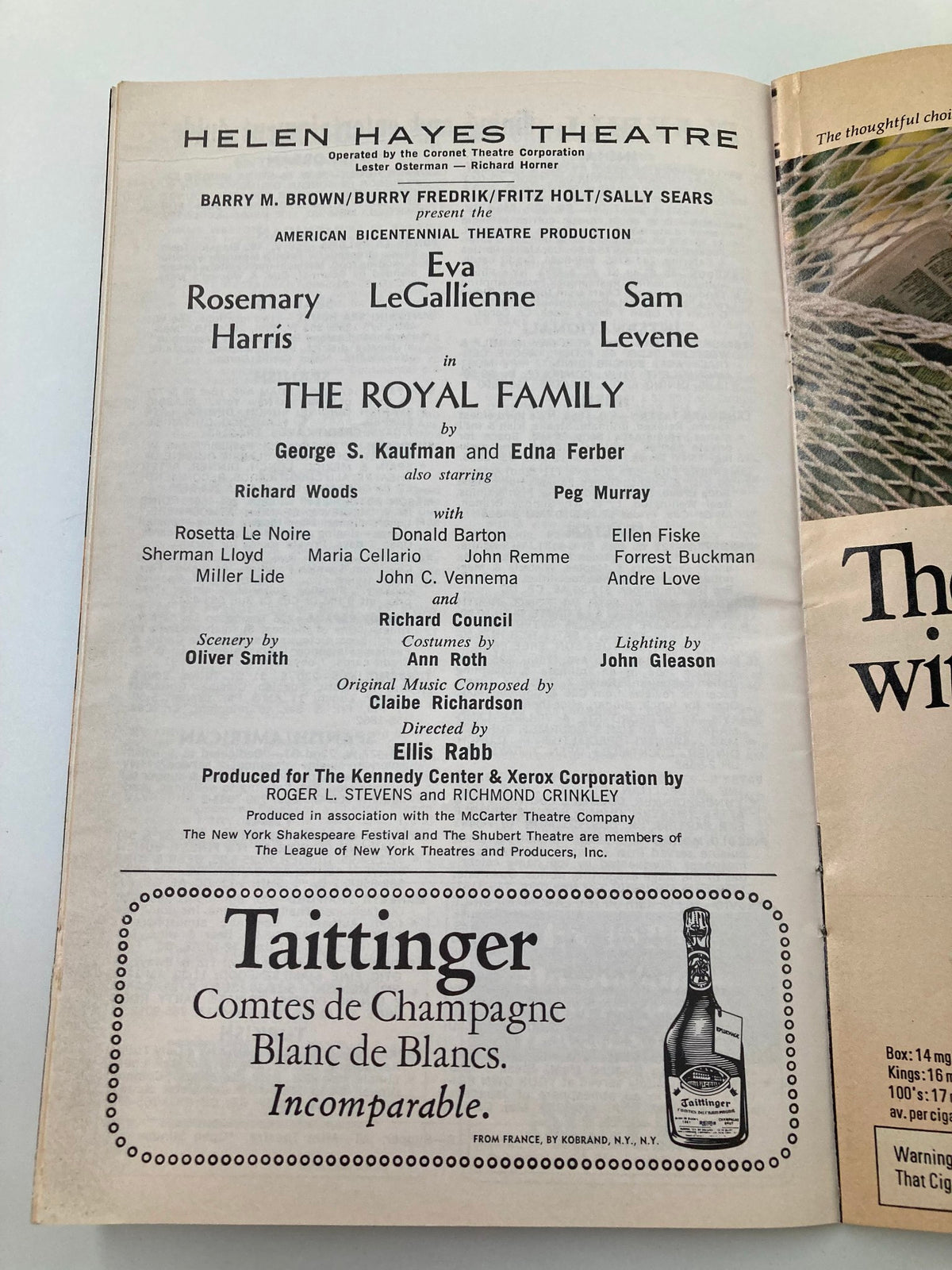 Cover page of the 1976 Playbill for The Royal Family at the Helen Hayes Theatre, showcasing the names of the lead actors Rosemary Harris and Sam Levene.