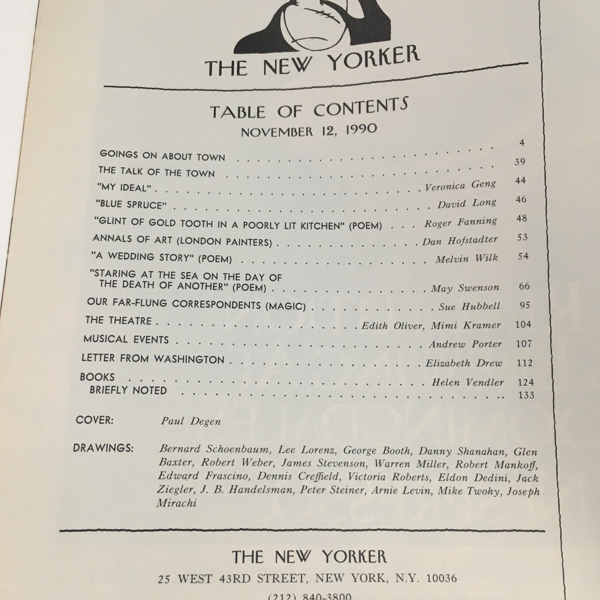 Table of contents from The New Yorker magazine dated November 12, 1990, featuring list of articles, poems, and contributors, with cover art by Paul Degen.