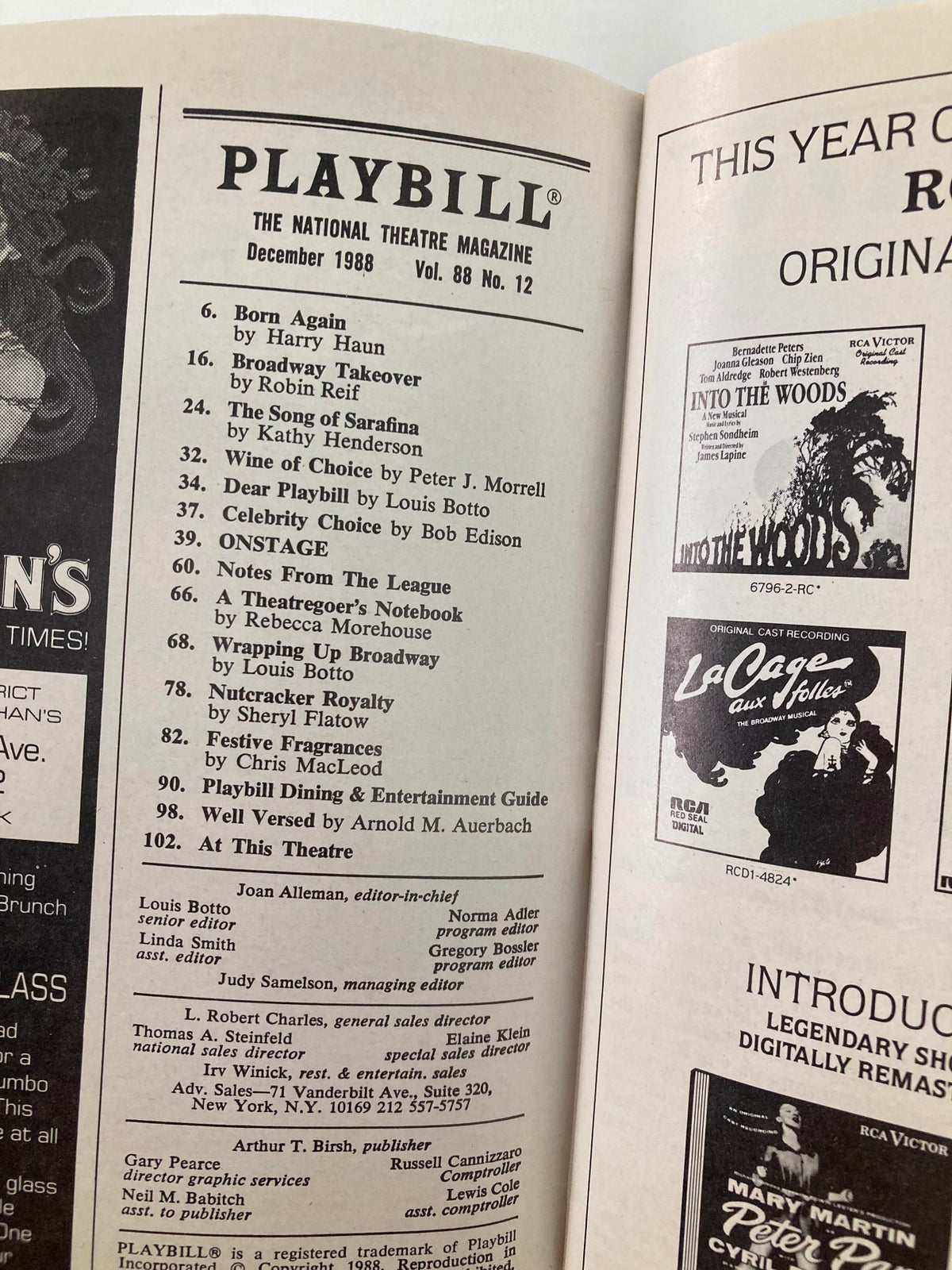 Inside spread of the December 1988 Playbill showcasing various articles and features related to theater.