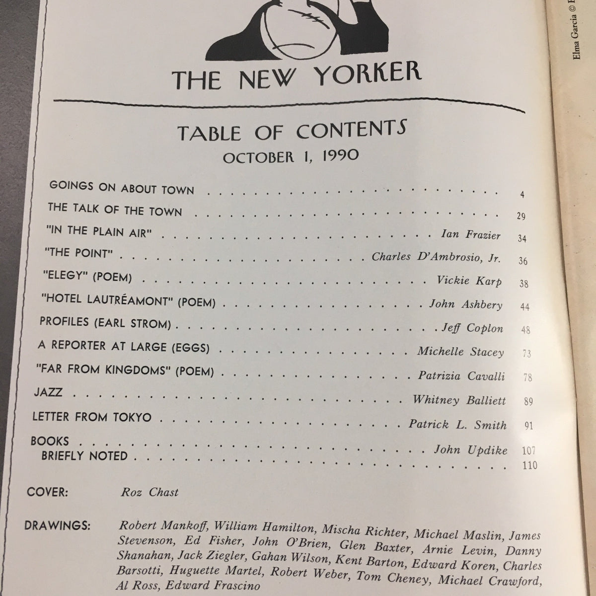 Table of Contents from The New Yorker October 1, 1990 magazine, detailing articles and features including 'The Talk of the Town' and poems, showcasing the publication's literary contributions.
