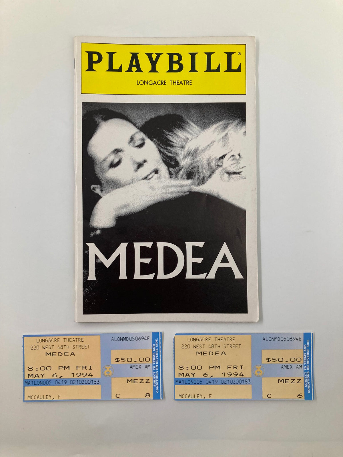 1994 Playbill for Longacre Theatre's production of Medea featuring the cover image with Diana Rigg, alongside tickets from the May 6, 1994 performance.