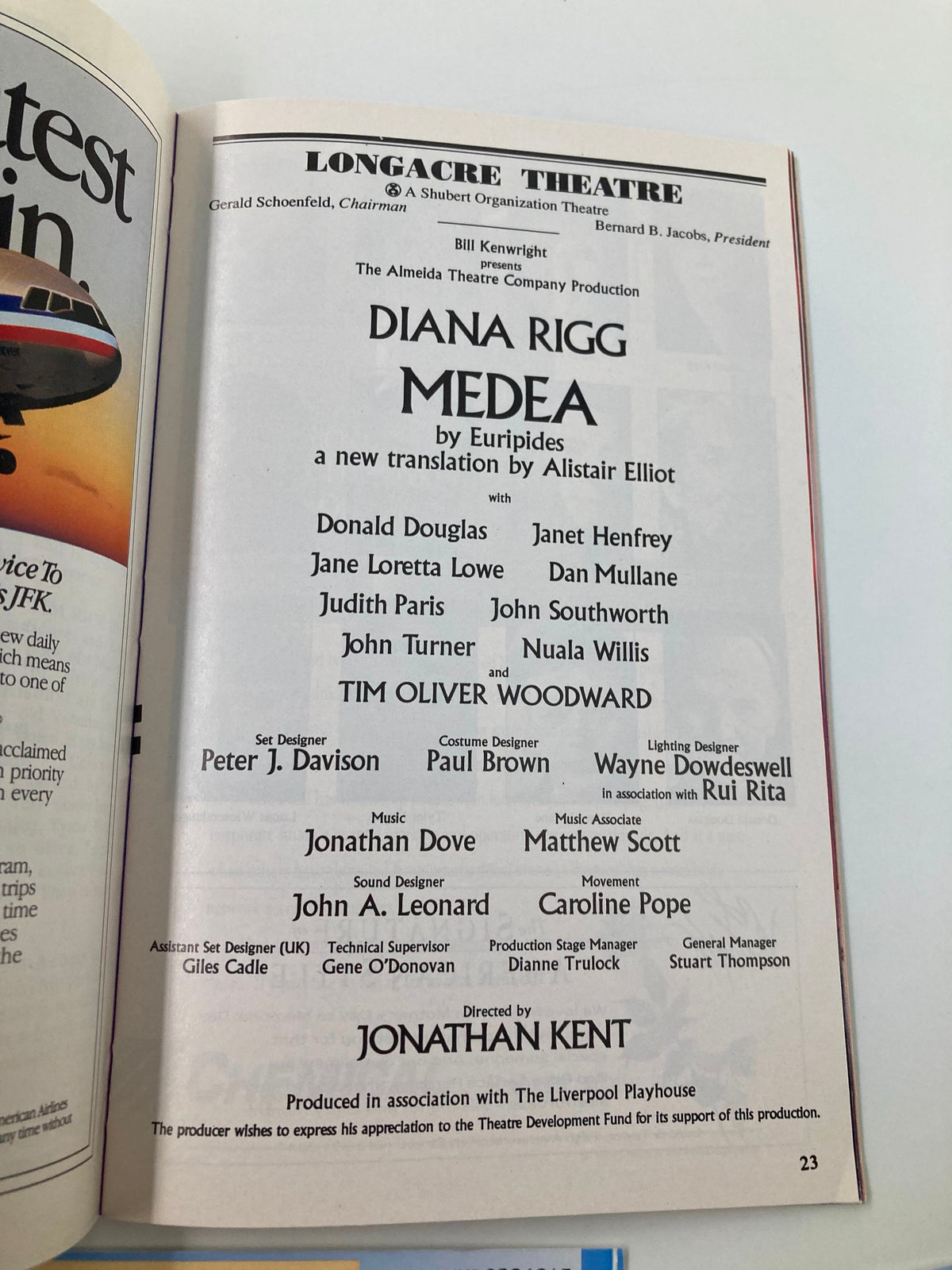 1994 Playbill Longacre Theatre for Medea, starring Diana Rigg, with casting details and production credits.