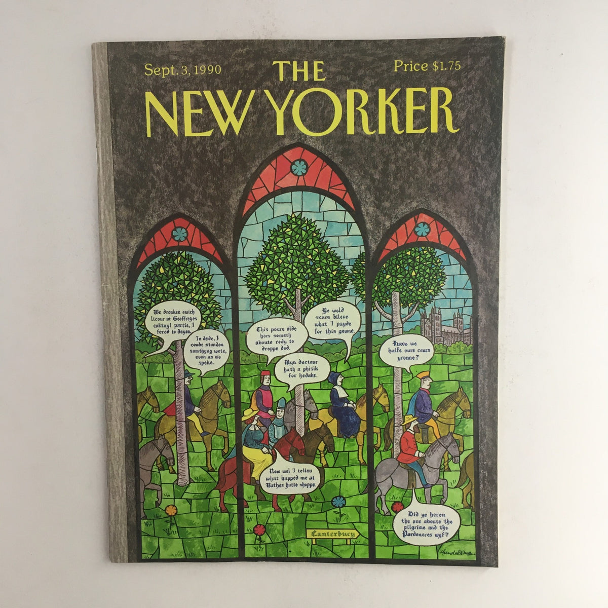 Cover of The New Yorker September 3 1990 magazine, featuring a full theme cover illustration by J.B. Handelsman, depicting colorful stained glass art with medieval figures.