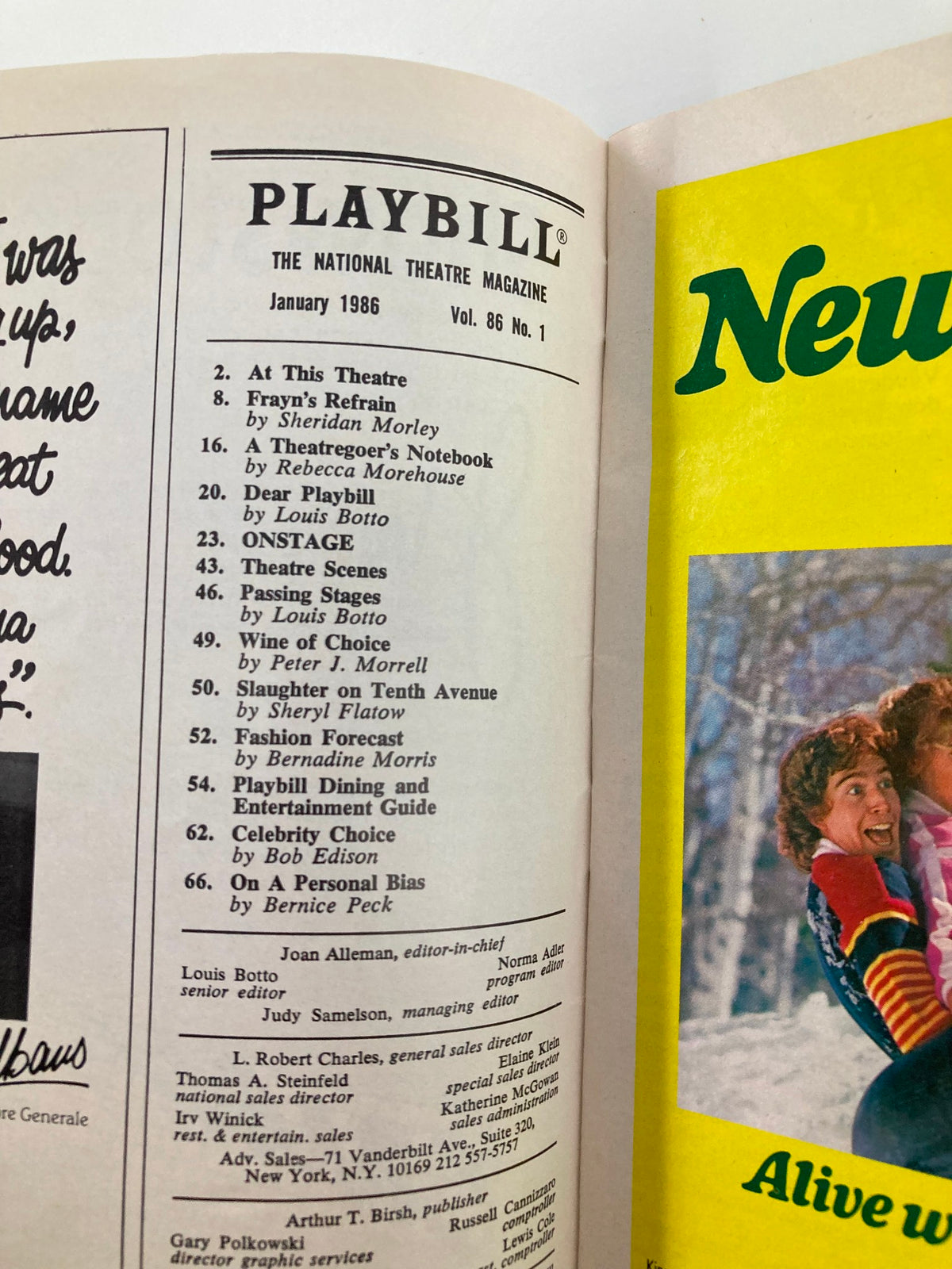 Interior page of the 1986 Playbill for 'Singin' In The Rain' listing other productions and cast details from the January 1986 edition.