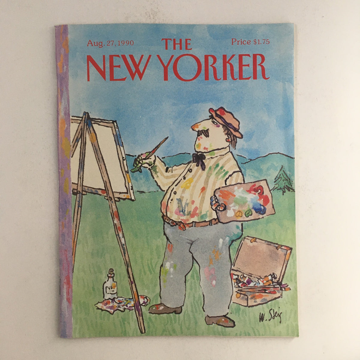 The New Yorker August 27, 1990 magazine cover featuring a whimsical illustration by William Steig of a painter holding a brush in front of an easel on a grassy landscape.