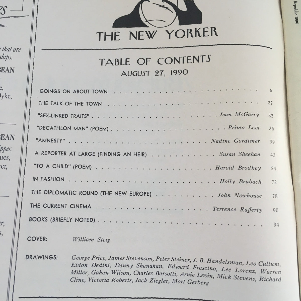 Table of contents from The New Yorker August 27, 1990 issue, listing articles and features, with the cover artist mentioned as William Steig.