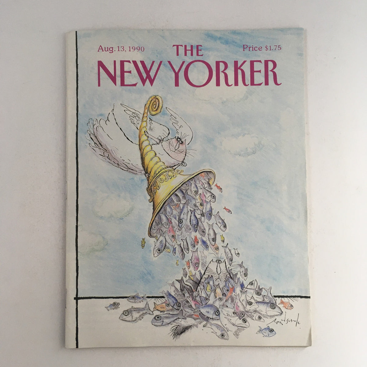 Cover of The New Yorker magazine from August 13, 1990, featuring unique artwork by Ronald Searle, depicting a whimsical scene with fish emerging from a golden horn.