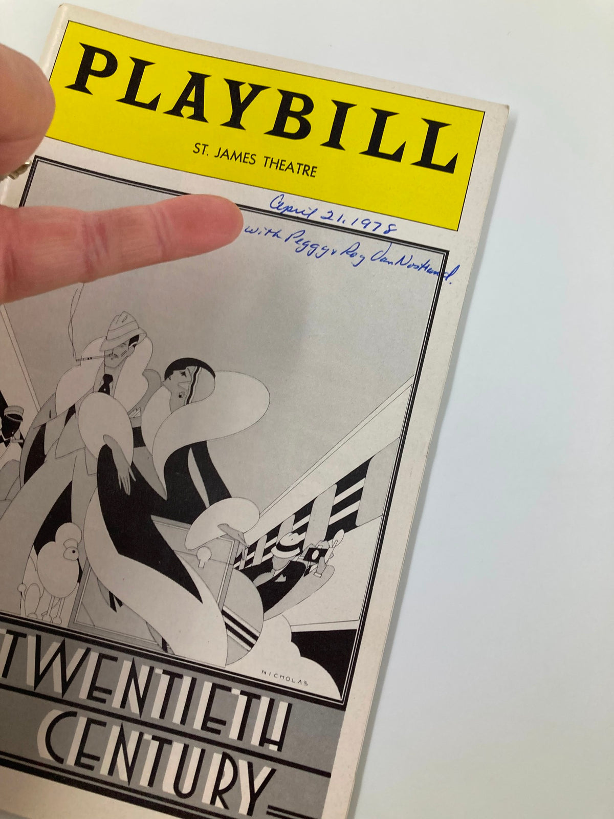 Close-up view of the 1978 Playbill from St. James Theatre On The Twentieth Century showing the cover and handwritten details.