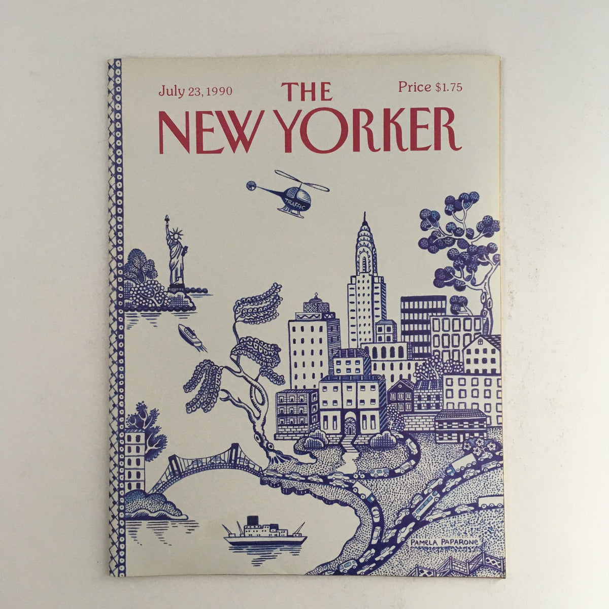 Cover of The New Yorker July 23, 1990 featuring a themed design by Pamela Paparone, showcasing iconic New York landmarks like the Statue of Liberty and the skyline.
