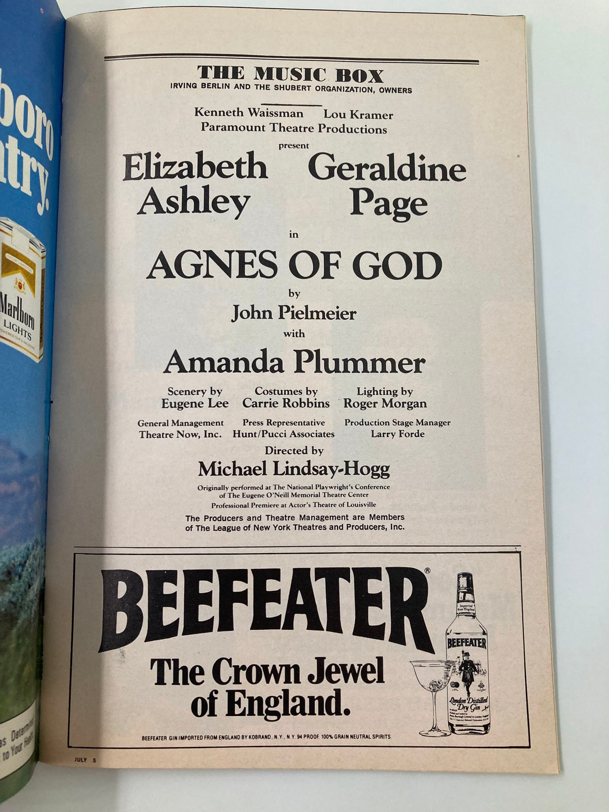 1982 Playbill for The Music Box production of Agnes of God, highlighting cast details including Elizabeth Ashley and Geraldine Page.