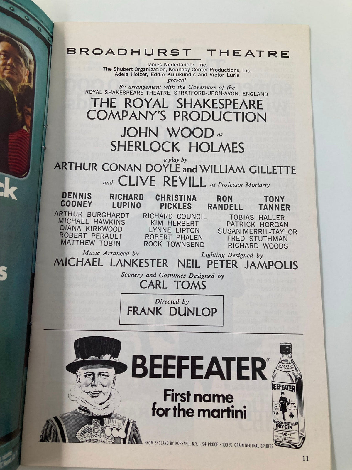 Another interior page of the 1975 Playbill Broadhurst Theatre Sherlock Holmes, highlighting cast members and production team information.