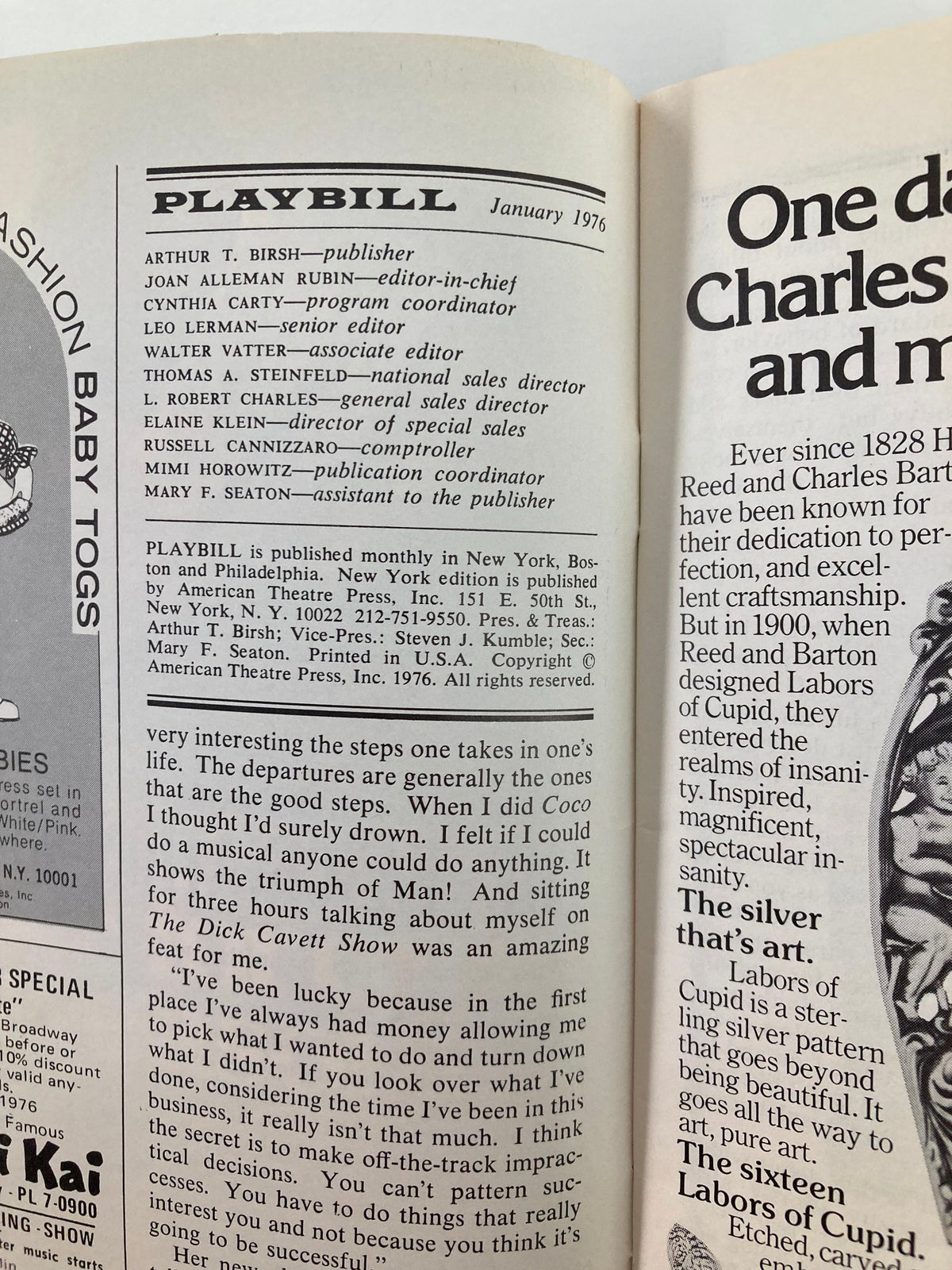 Inside page of the 1976 Playbill for Shenandoah at Alvin Theatre, listing the editorial team and publisher details.