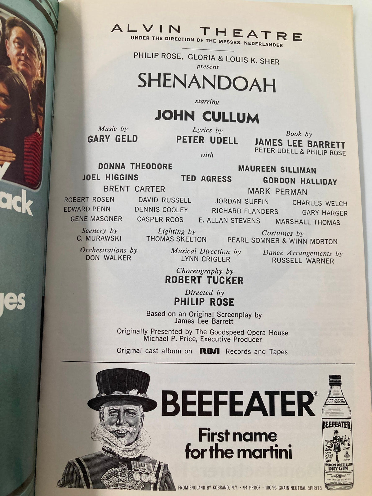 Theater cast page from the 1976 Playbill for Shenandoah at Alvin Theatre, featuring cast names including John Cullum and additional production credits.