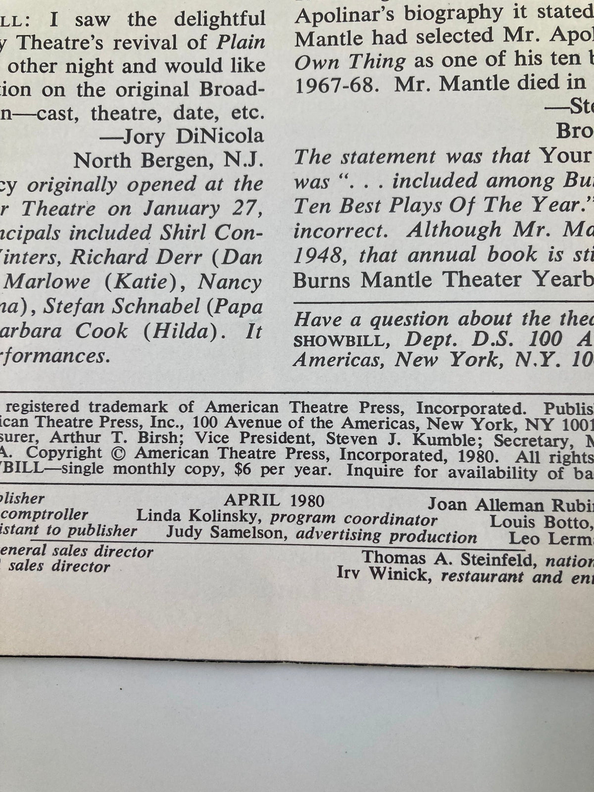 Inside page of the 1980 Showbill from the Chelsea Theater Center, showcasing credits and historical notes related to theatrical productions and the show 'Vanities'.