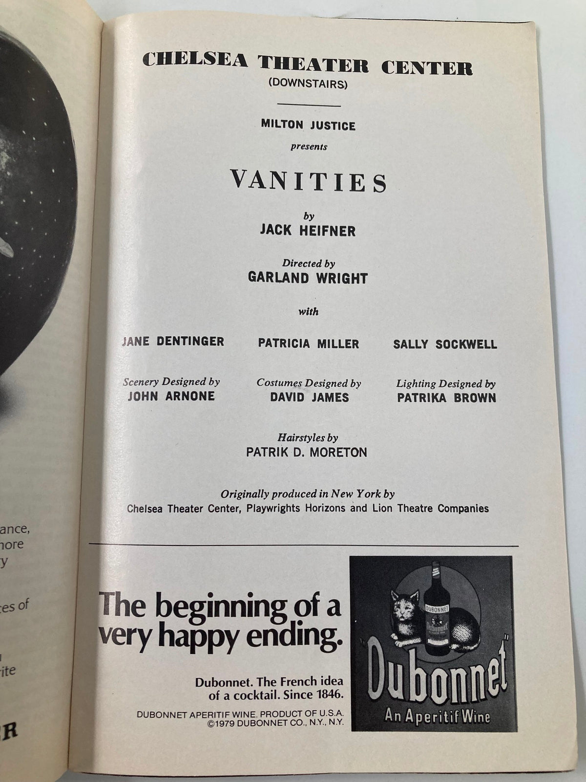 Another inside page of the 1980 Showbill for the Chelsea Theater Center production of 'Vanities', highlighting cast and production details, along with a vintage advertisement.