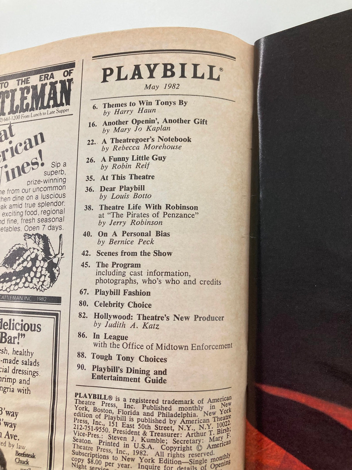 Inside view of the 1982 Playbill for the Broadway Theatre, showcasing articles and features relevant to that month's production.