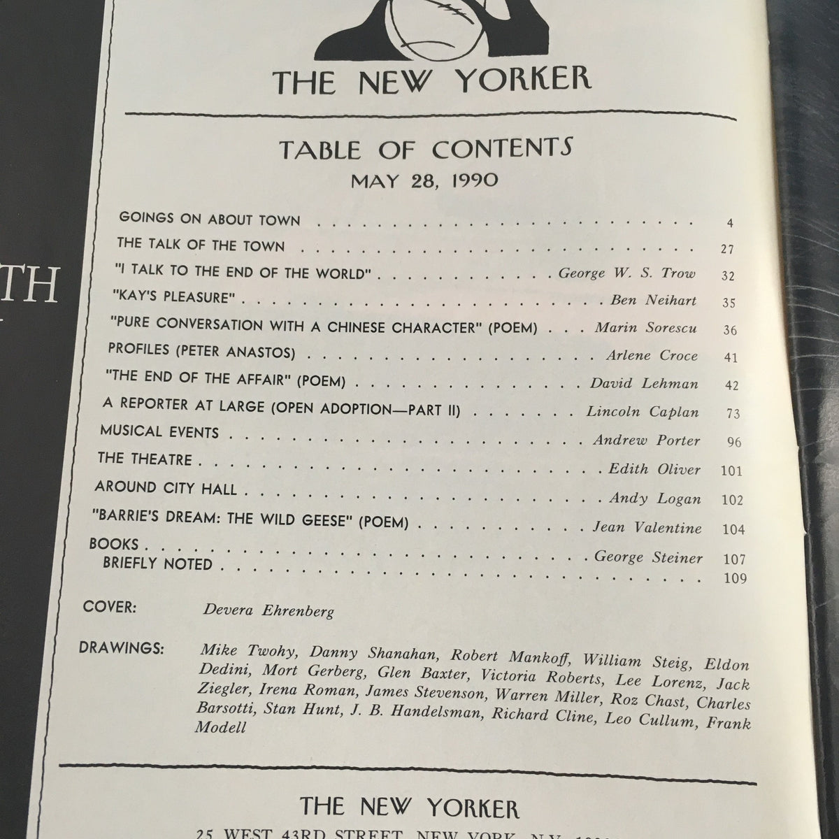 Table of Contents for The New Yorker May 28 1990, showcasing articles and poetry along with the cover artist, Devera Ehrenberg.