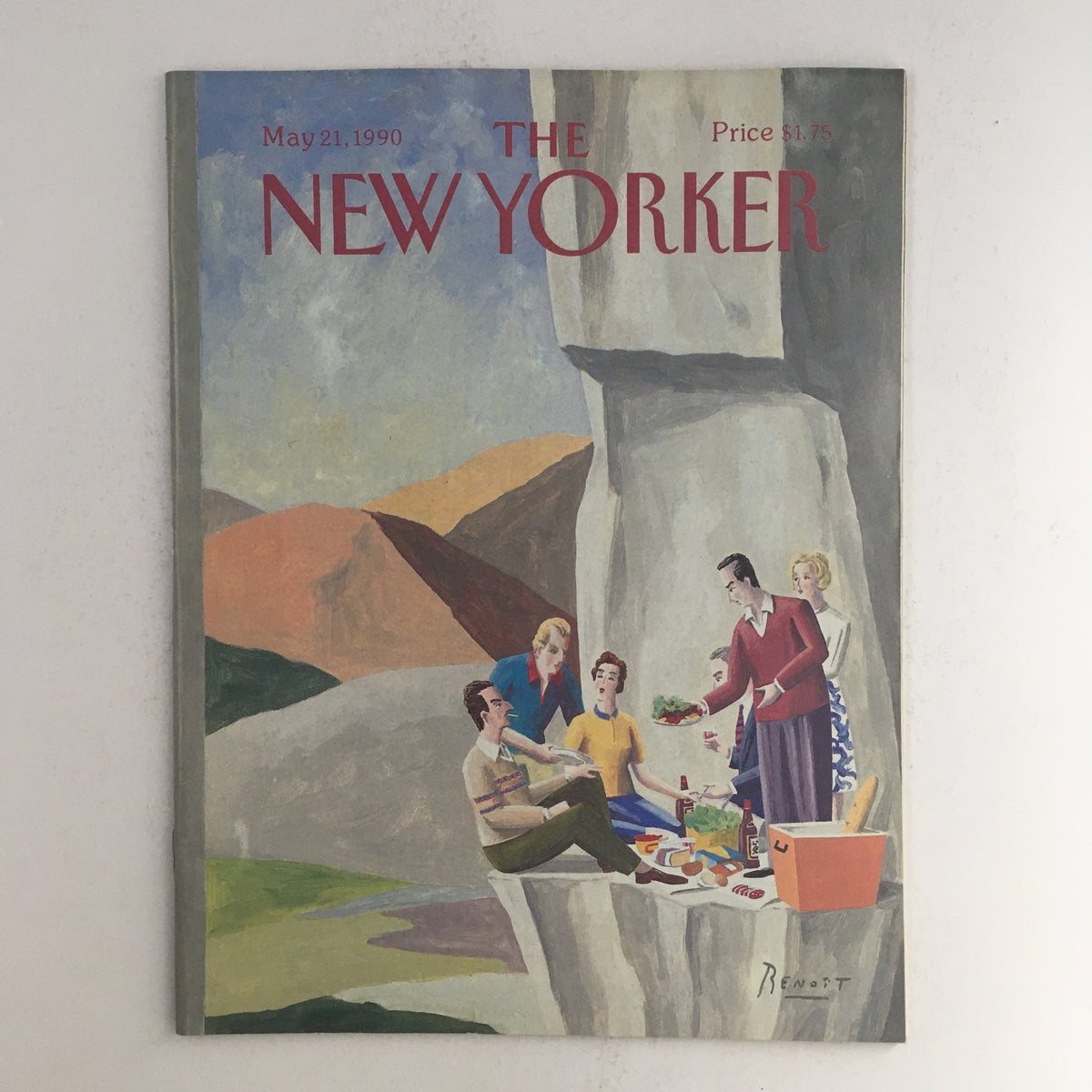 The New Yorker May 21 1990 Full Magazine Theme Cover by Benoit van Innis featuring a picnic scene with six people against a backdrop of mountains, showcasing vibrant illustrations and bold typography.