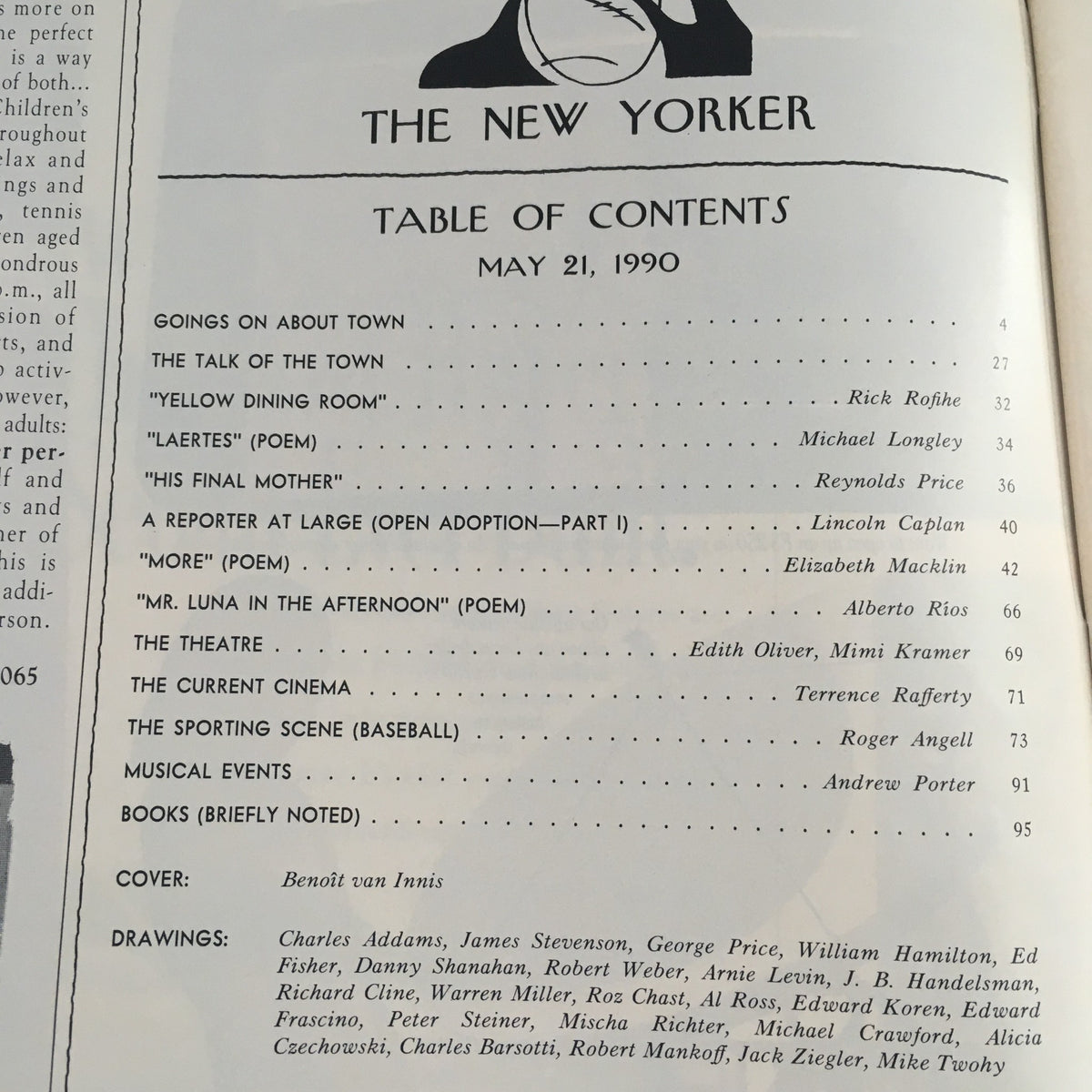 Table of contents for The New Yorker May 21, 1990, featuring articles and illustrations. Includes a unique cover by Benoit van Innis, highlighting the magazine's cultural insights and whimsical charm.