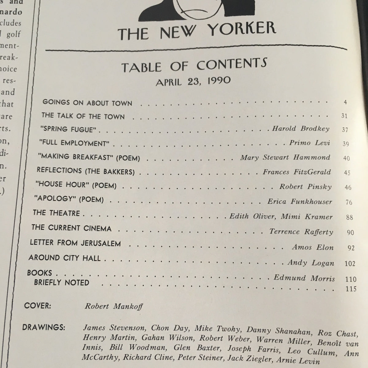 Table of contents of The New Yorker April 23, 1990, detailing the articles and features included in this issue, with mention of the cover artist Robert Mankoff.