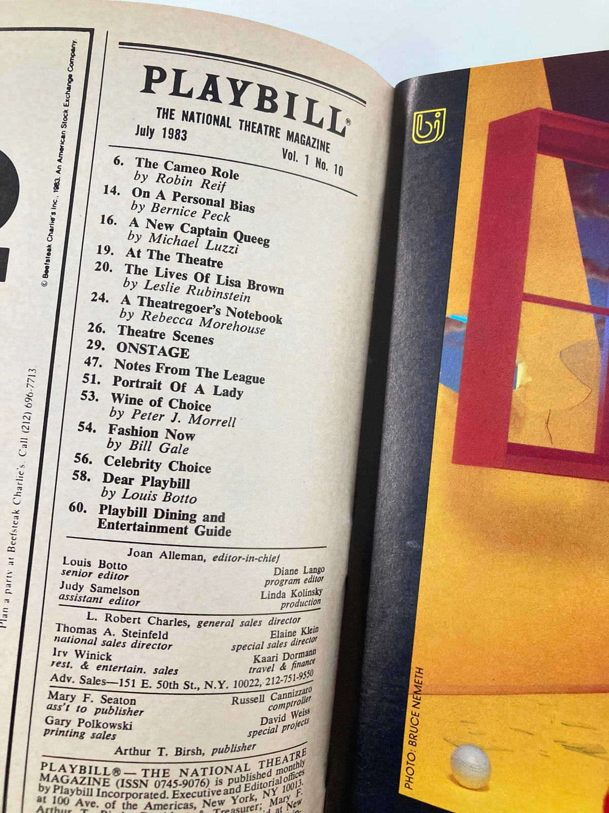 Inside page of the 1983 Playbill for A Chorus Line, includes various listings from The National Theatre Magazine and notable articles.
