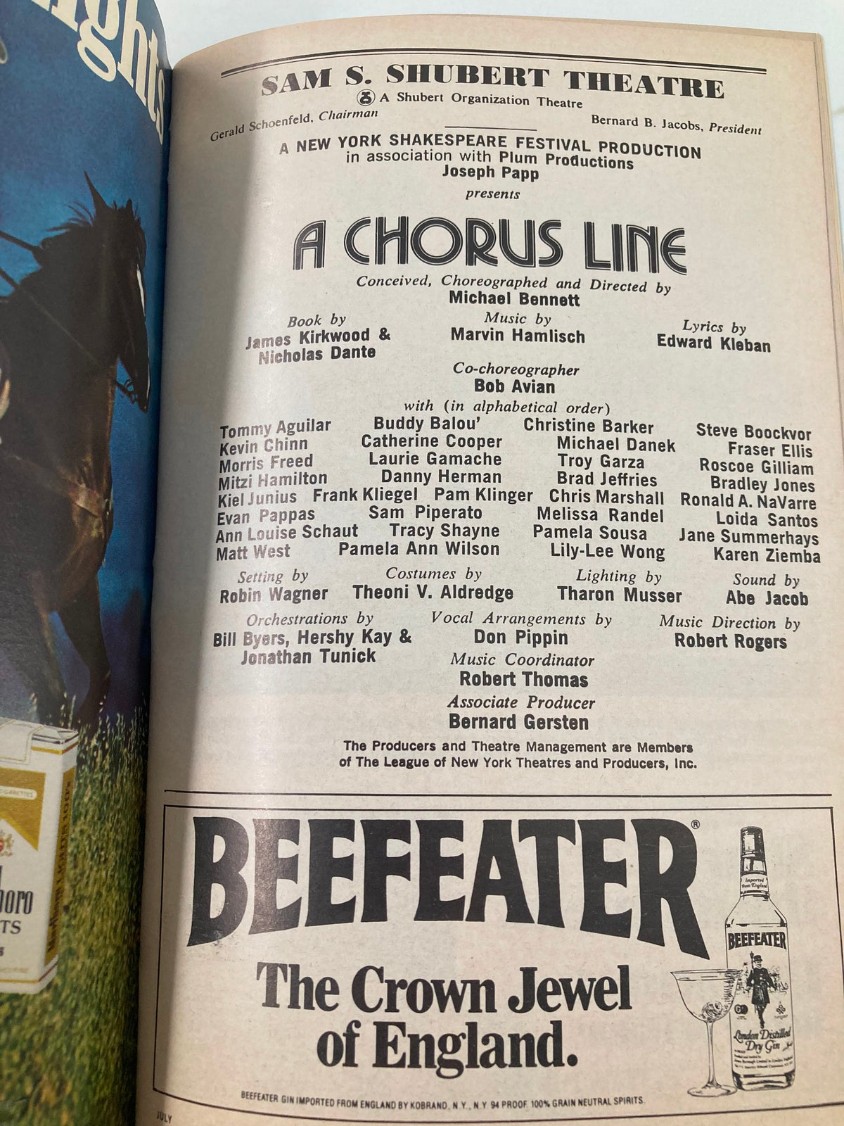 The cast list from the 1983 Playbill for A Chorus Line, highlighting key performers and production team at Sam S. Shubert Theatre.