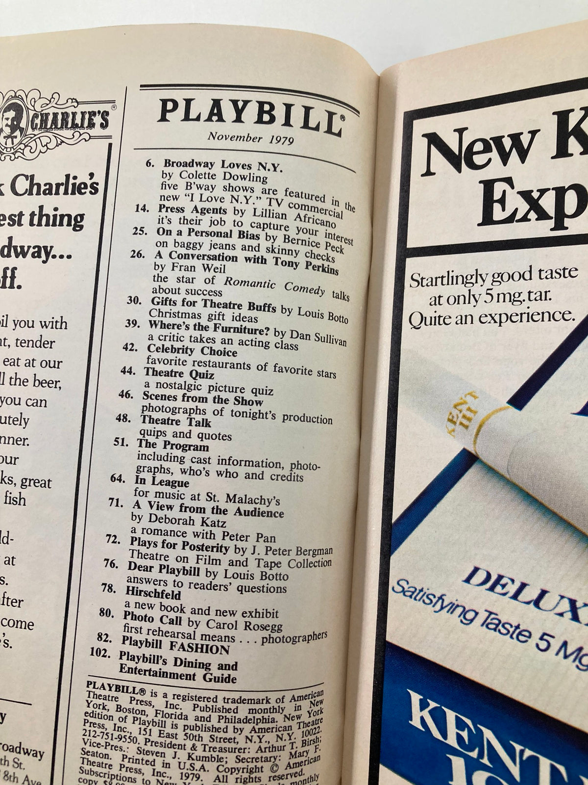 Interior page of the 1979 Playbill for The Music Box production of Ira Levin's Death Trap, displaying the program contents and advertisements.