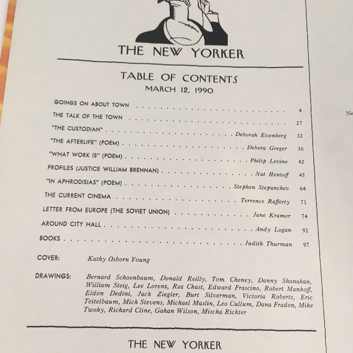 Table of contents for The New Yorker March 12, 1990, showcasing articles and illustrations, with cover details attributed to Kathy Osborn Young.