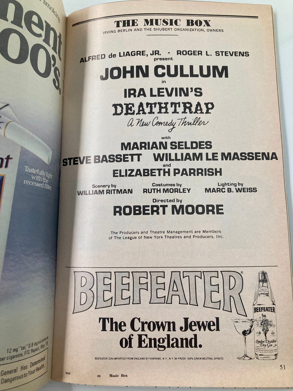 1979 Playbill for Ira Levin's 'Death Trap' at The Music Box, featuring cast details including Marion Seldes and Steve Bassett, alongside a classic theater advertisement.