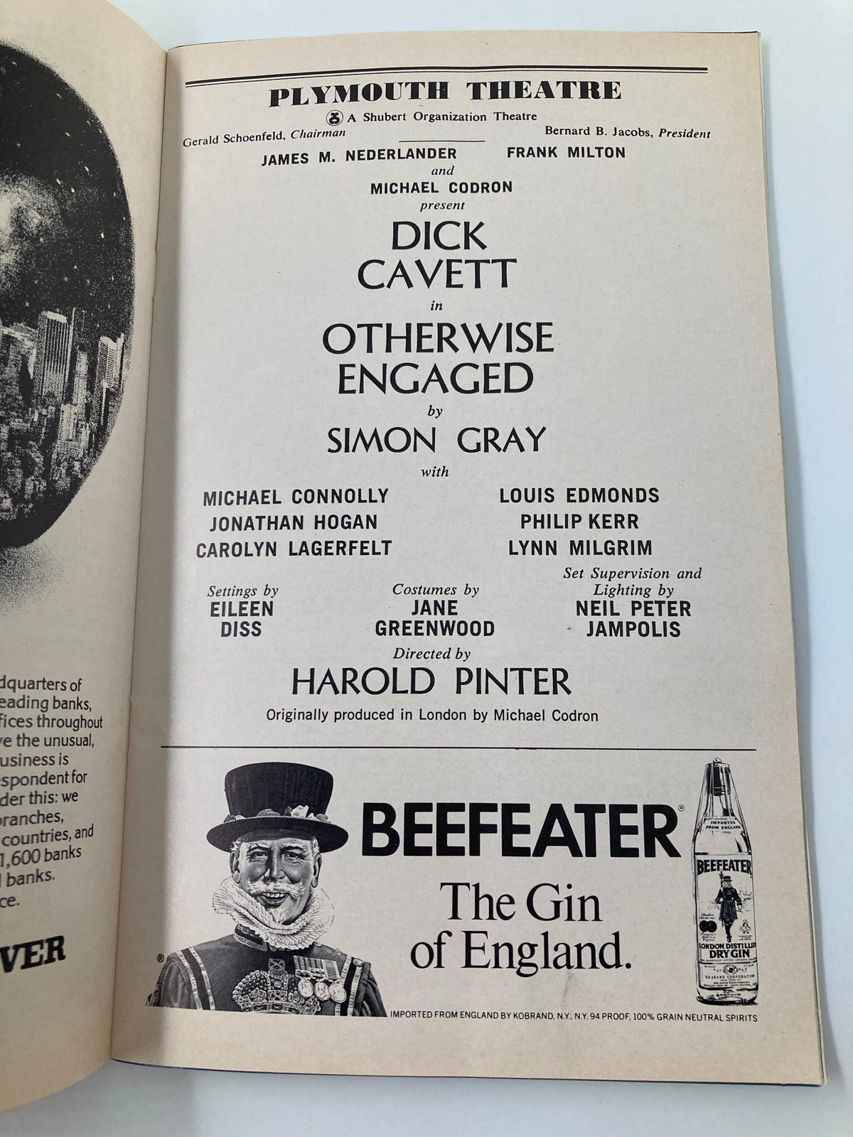 Cast and crew credits for 'Otherwise Engaged' in the 1977 Playbill, showcasing Dick Cavett and Jonathan Hogan, directed by Harold Pinter at the Plymouth Theatre.